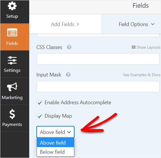 select location of map on wpforms