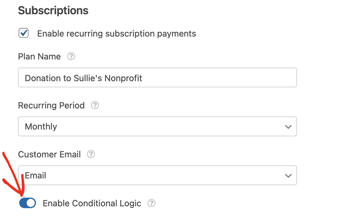 Enabling conditional logic for recurring Stripe payments