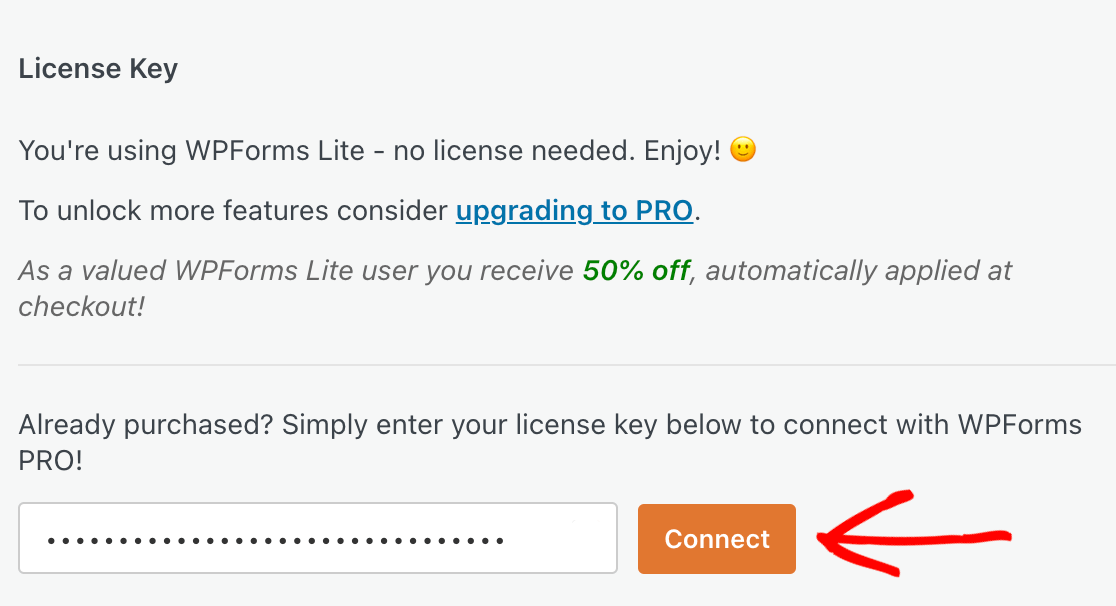 Adding your WPForms license key to your settings