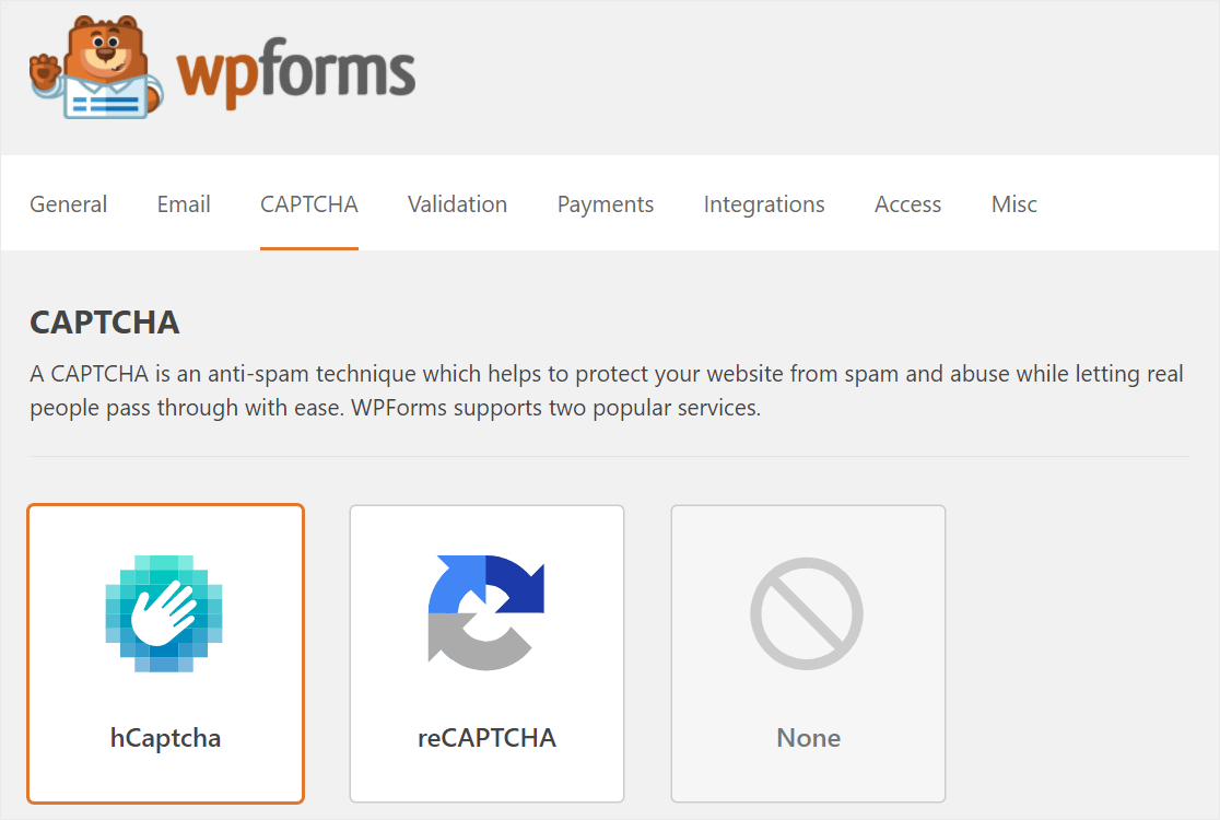 wpforms anti spam options captcha