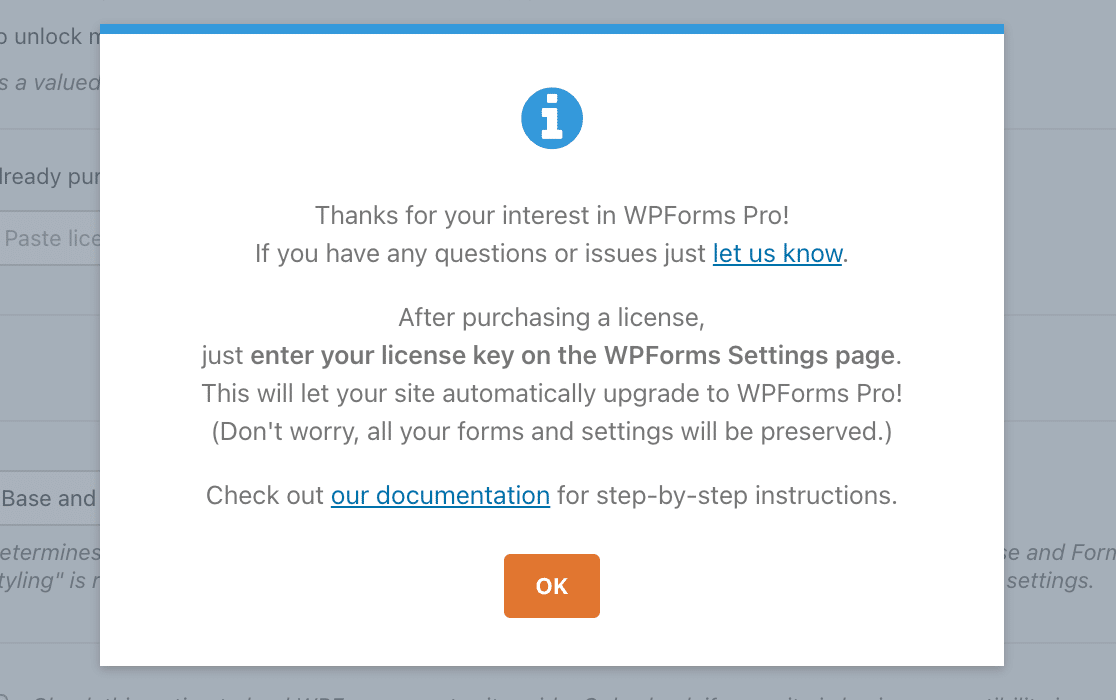 The WPForms upgrade notice