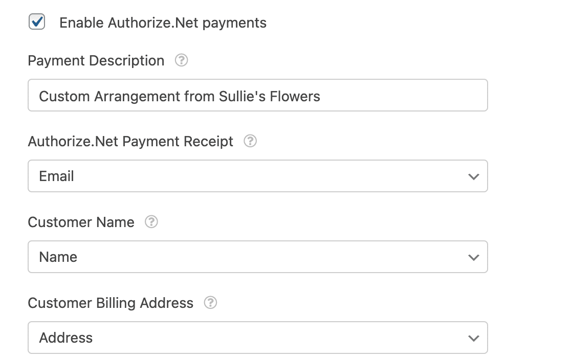 The Authorize.Net payments settings in the form builder