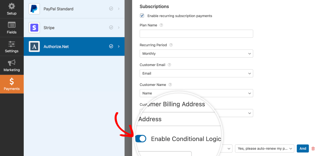 Enabling conditional logic for Authorize.Net subscription payments
