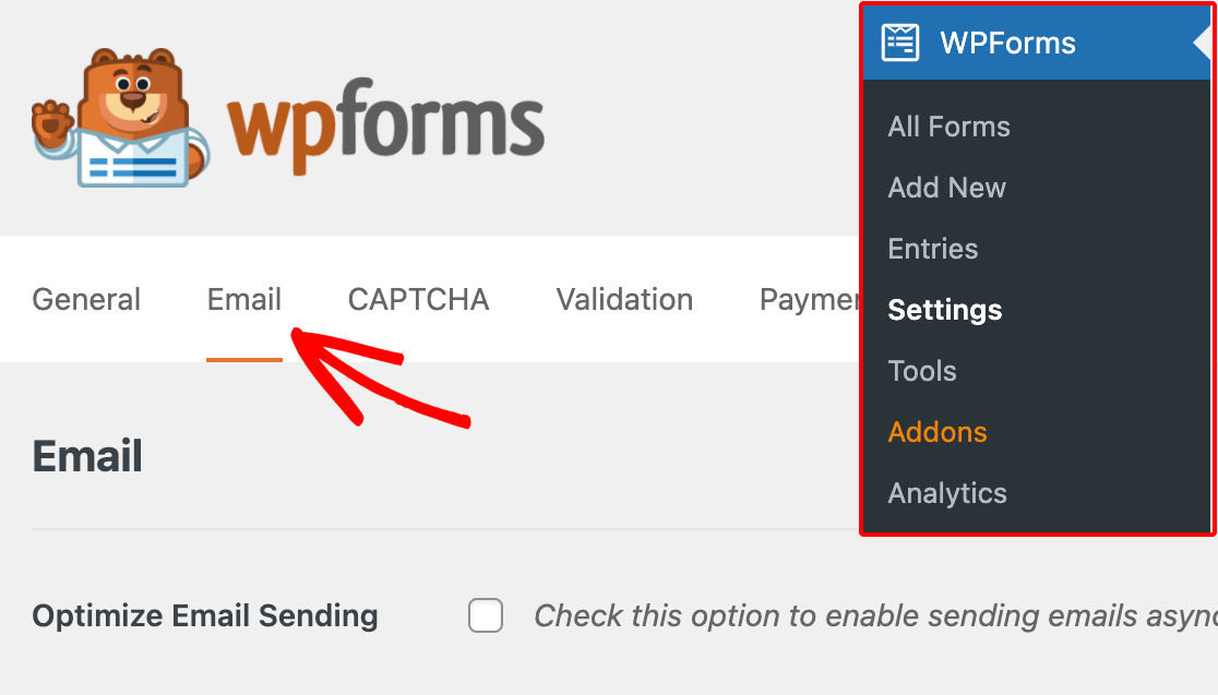 Accessing the WPForms email settings