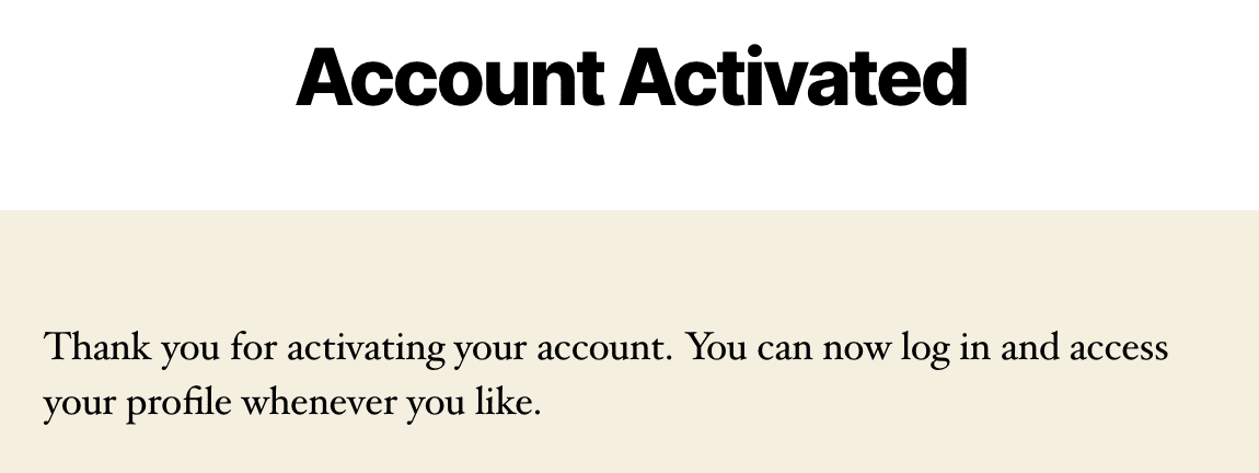 An example of a user account activation confirmation page