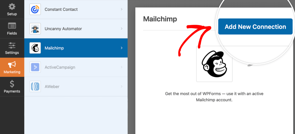 Adding a new Mailchimp connection to a form