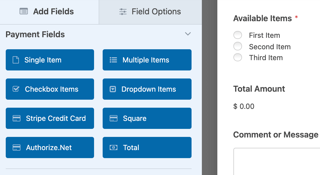 Adding a payment field to a form to test Stripe payments