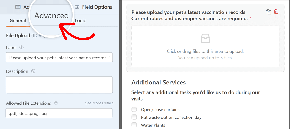 Accessing the advanced field options for a File Upload field