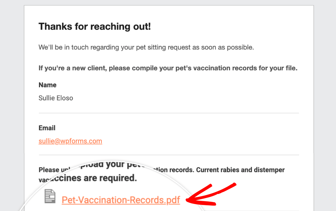 A link to an uploaded file in an email notification