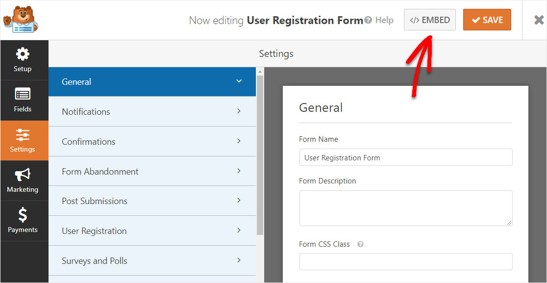 embed user registration form