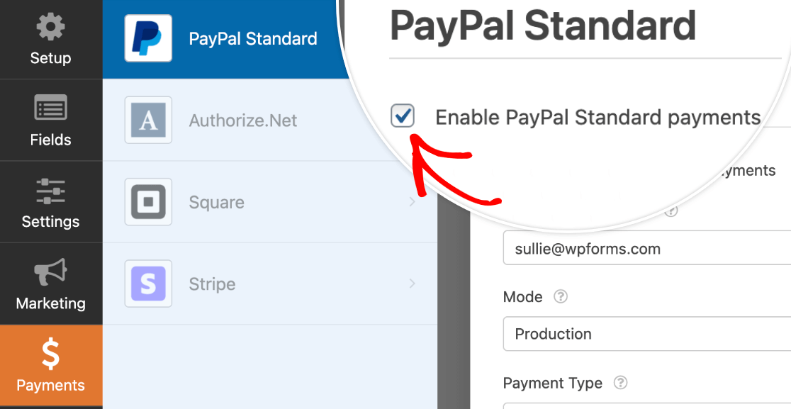 Enabling PayPal Standard payments in the form builder
