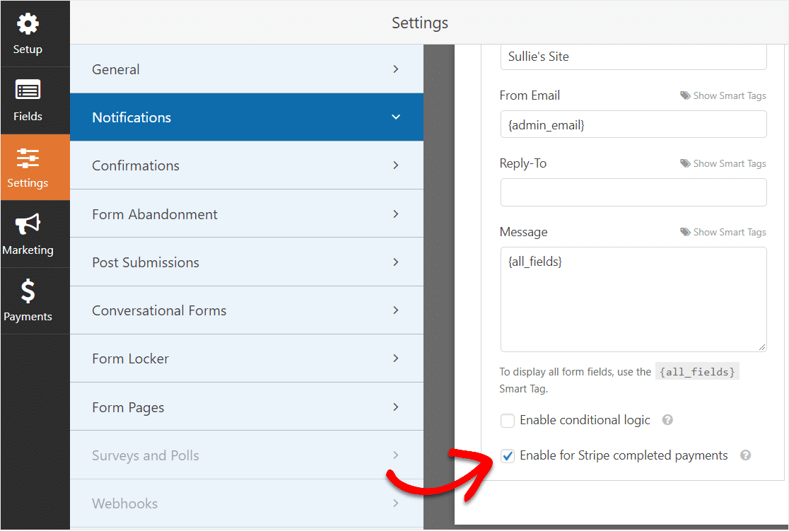 enable strip completed payments email