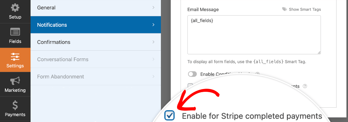 Enabling a conditional notification for completed Stripe payments