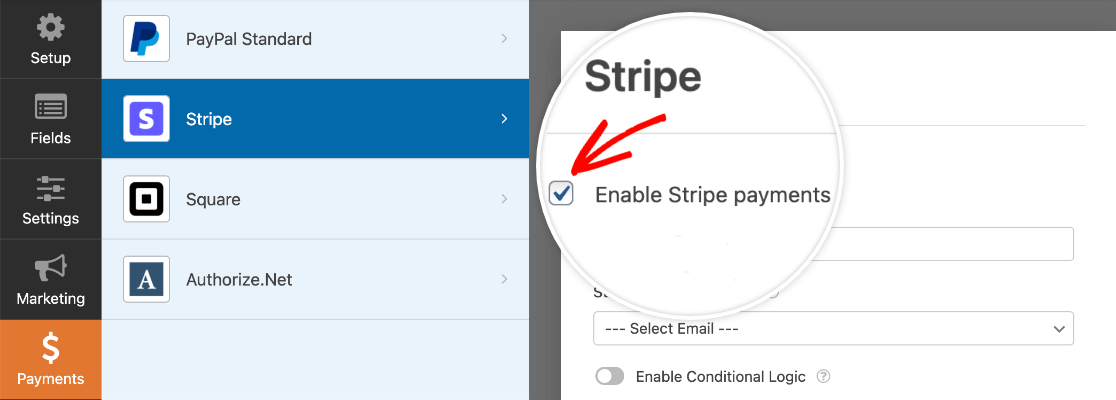 Enabling Stripe payments for a form