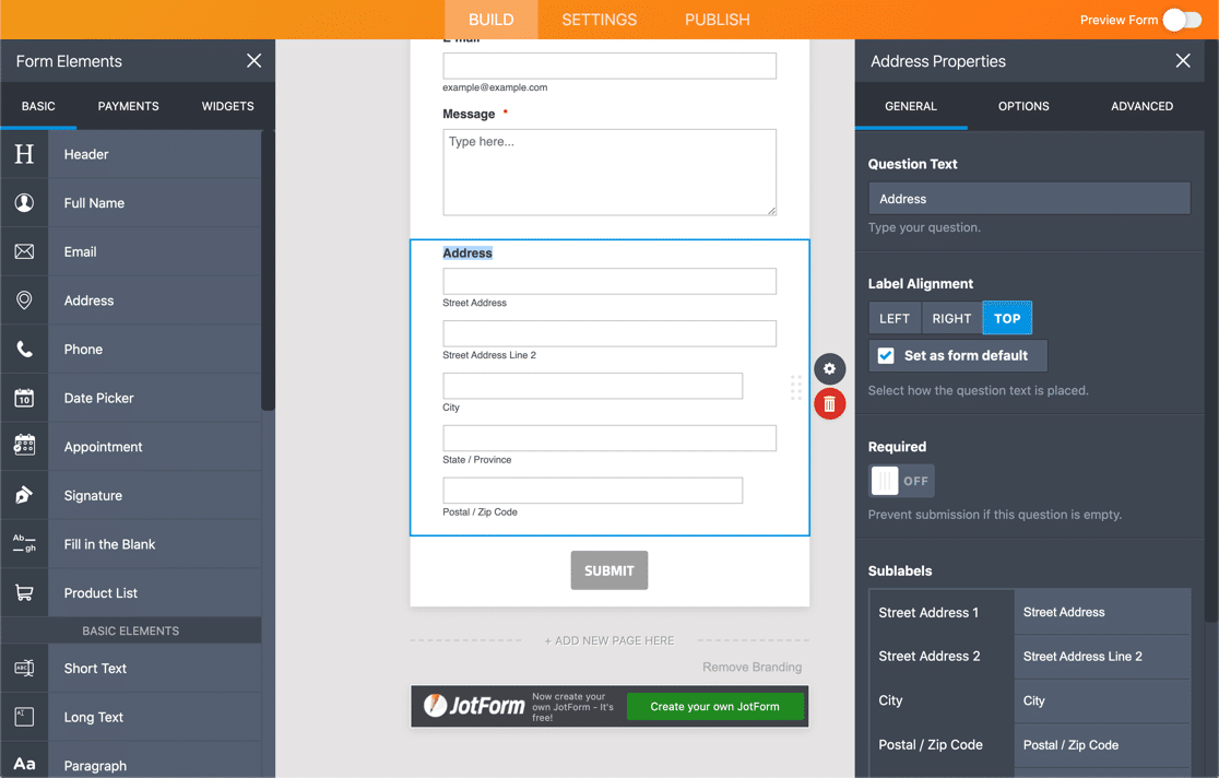 JotForm field settings