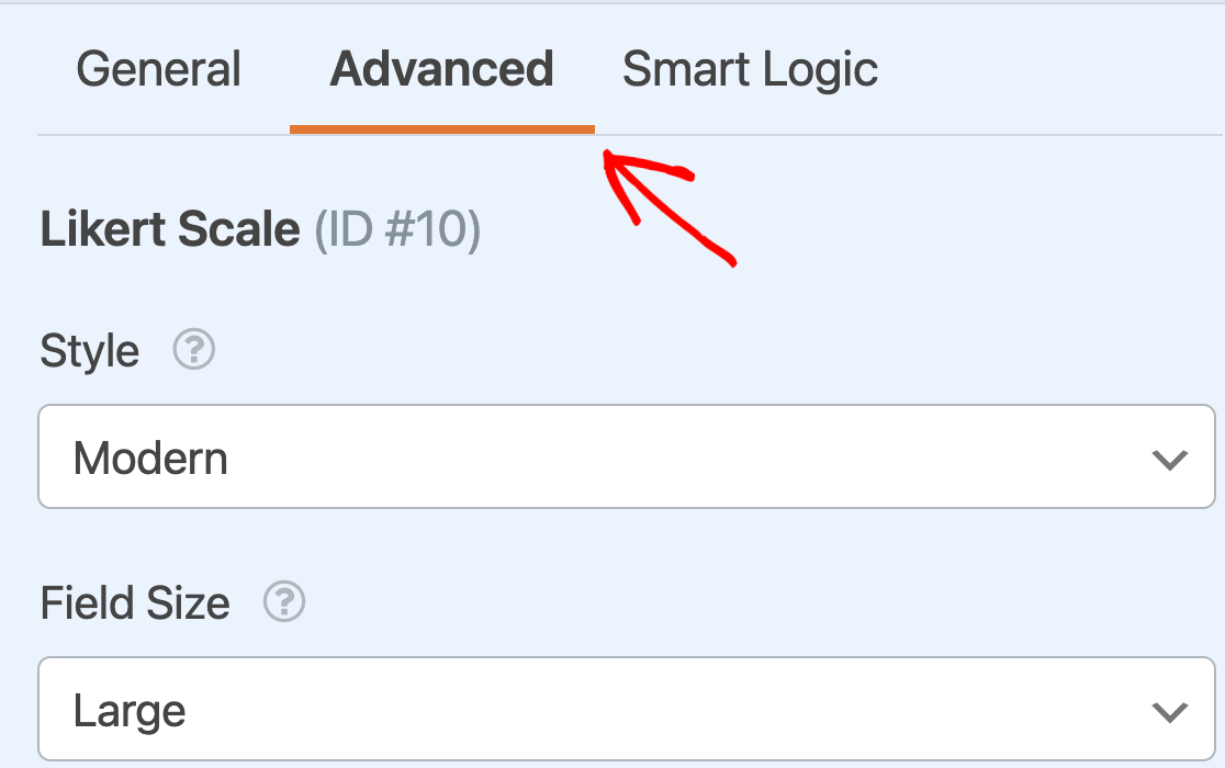 Opening the advanced field options for a Likert Scale