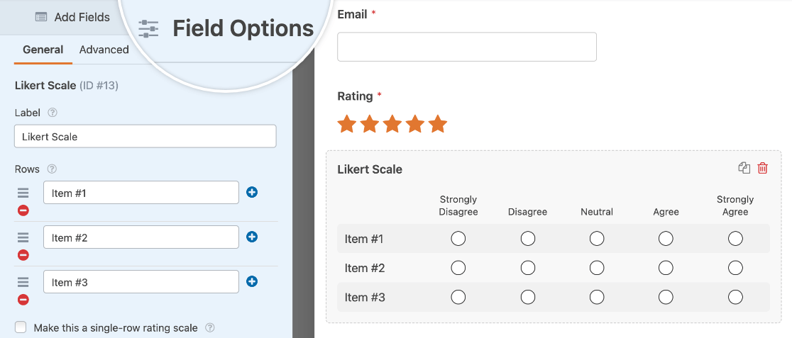 Field options for the Likert Scale field