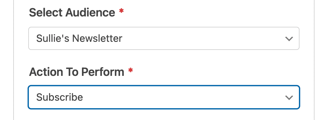 Choosing an action to perform for a Mailchimp form connection