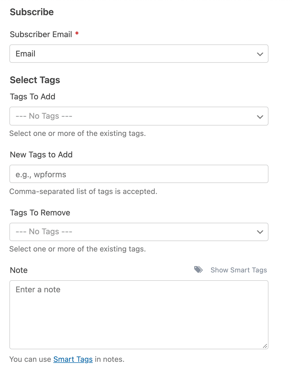 Settings for the Mailchimp Subscribe action