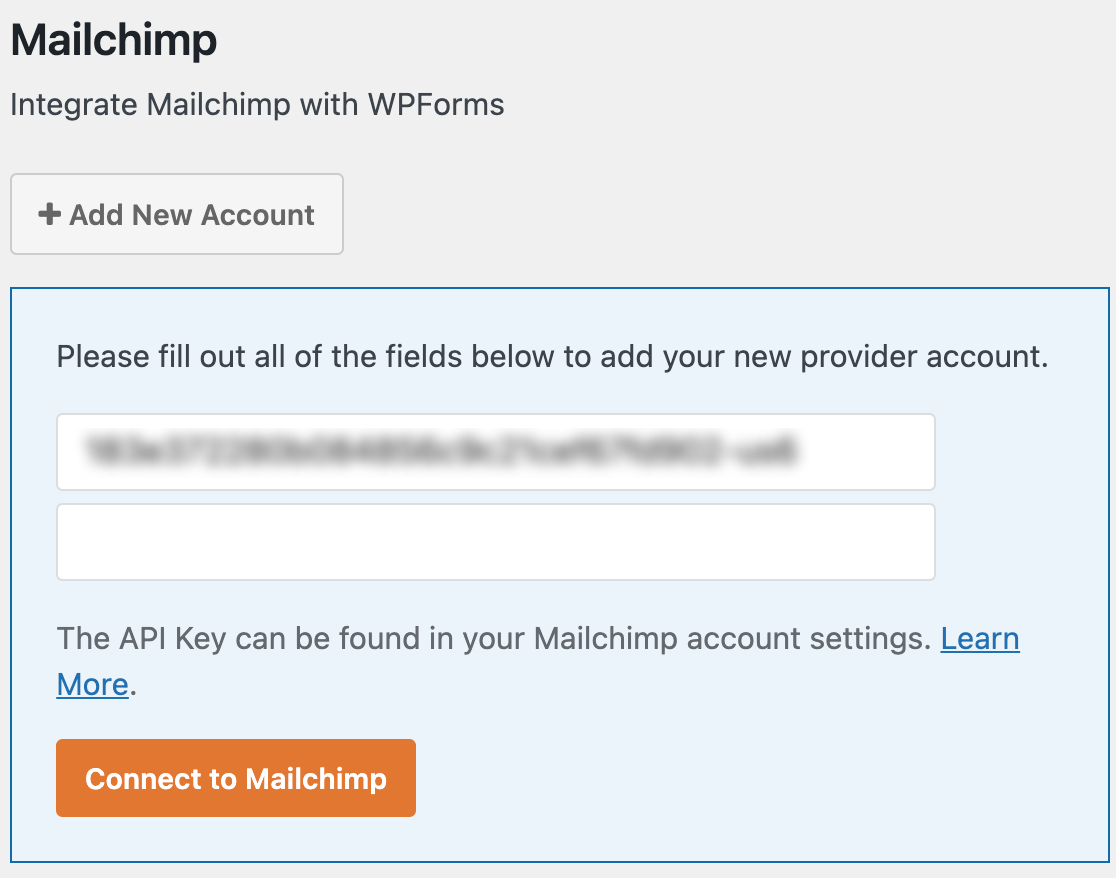 Pasting your Mailchimp API key into the WPForms integrations settings