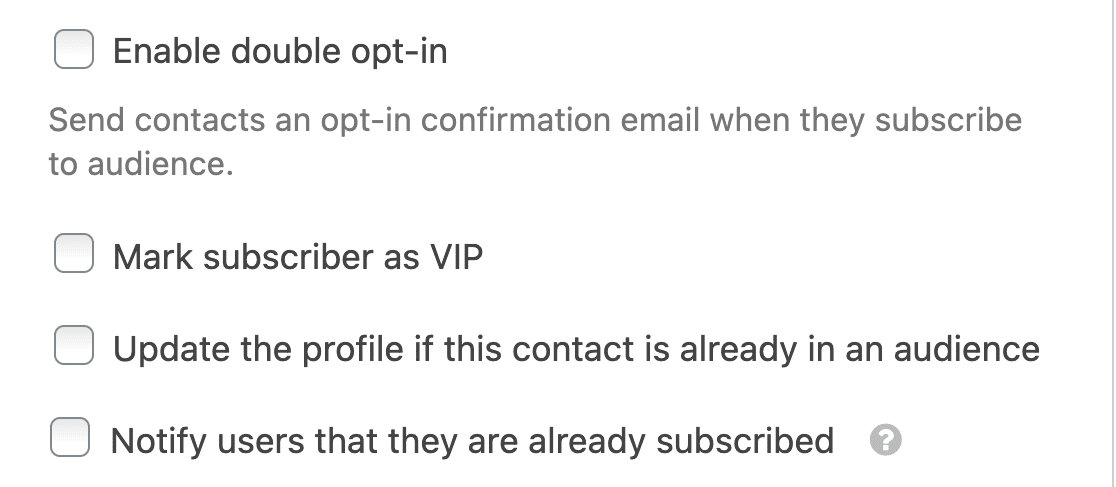 Additional settings for the Mailchimp Subscribe action