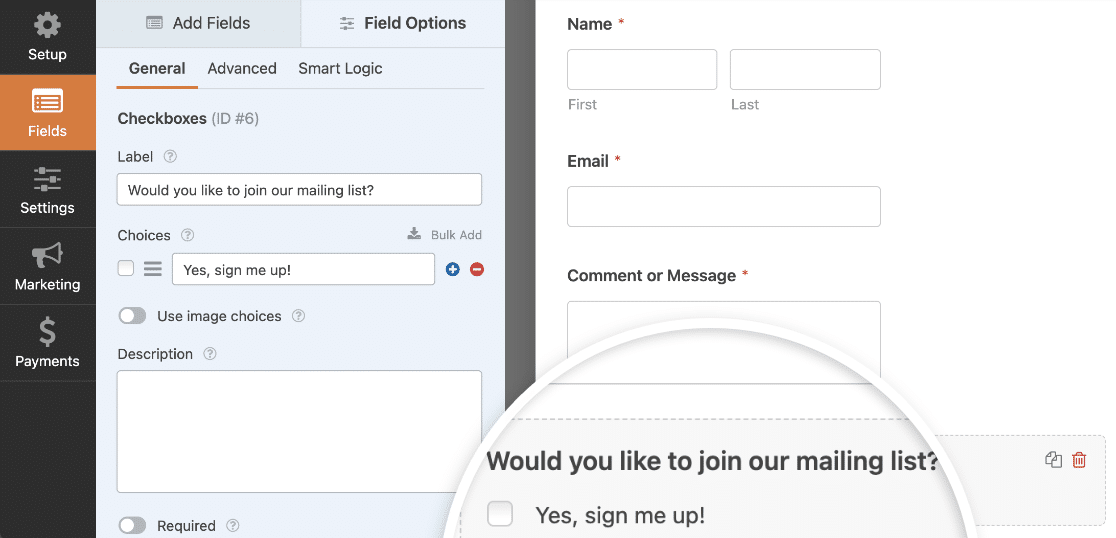 A newsletter signup checkbox in a contact form