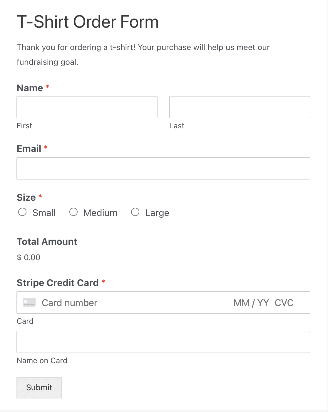 A nonprofit t-shirt order form