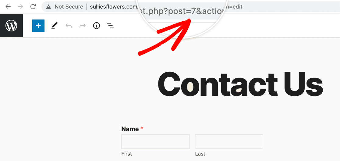 Locating the page ID in the browser address bar
