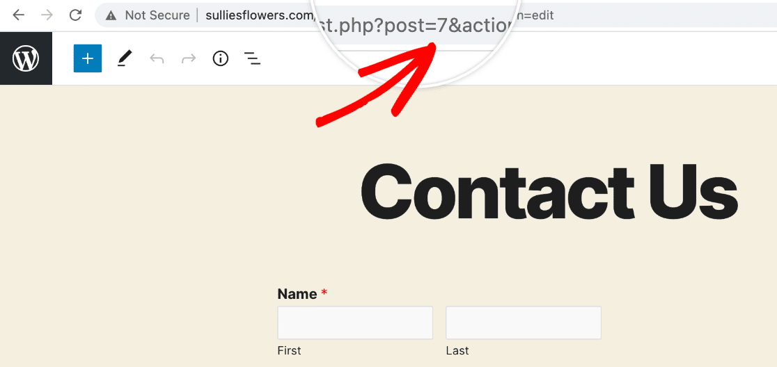 Locating the page ID in the browser address bar