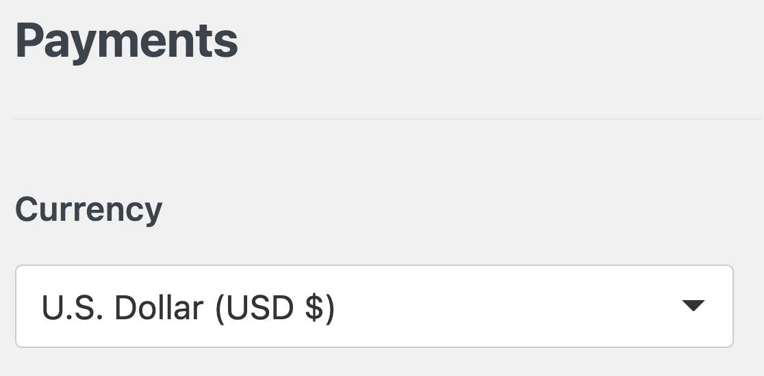 Choosing a currency in the WPForms payments settings