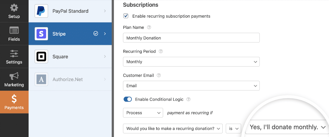 Creating a conditional recurring payment for a donation form