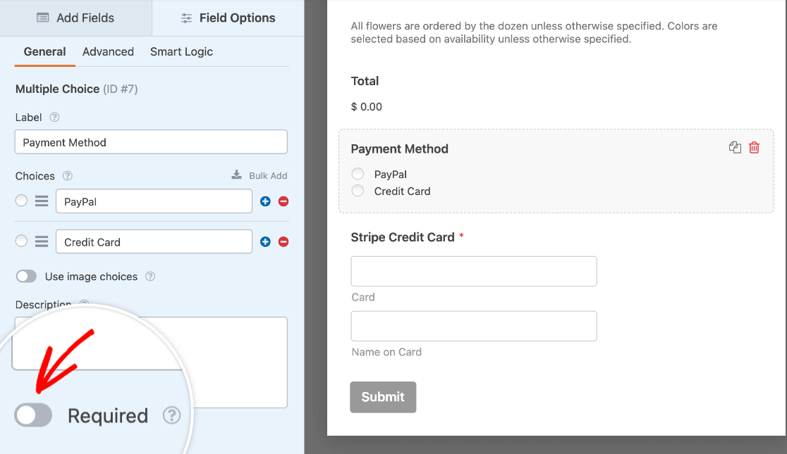 Requiring a Multiple Choice payment method field