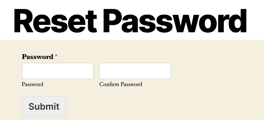 The Password Reset form for users to create a new password