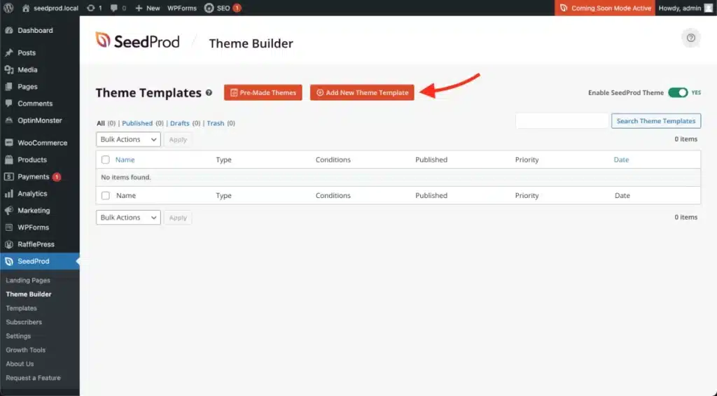 seedprod theme builder - WPForms Ecrã do SeedProd Theme Builder mostrando o botão 'Add New Theme Template' realçado por uma seta no painel do cabeçalho.