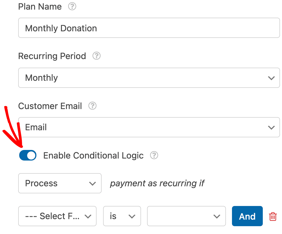 Enabling conditional logic for Stripe subscription payments