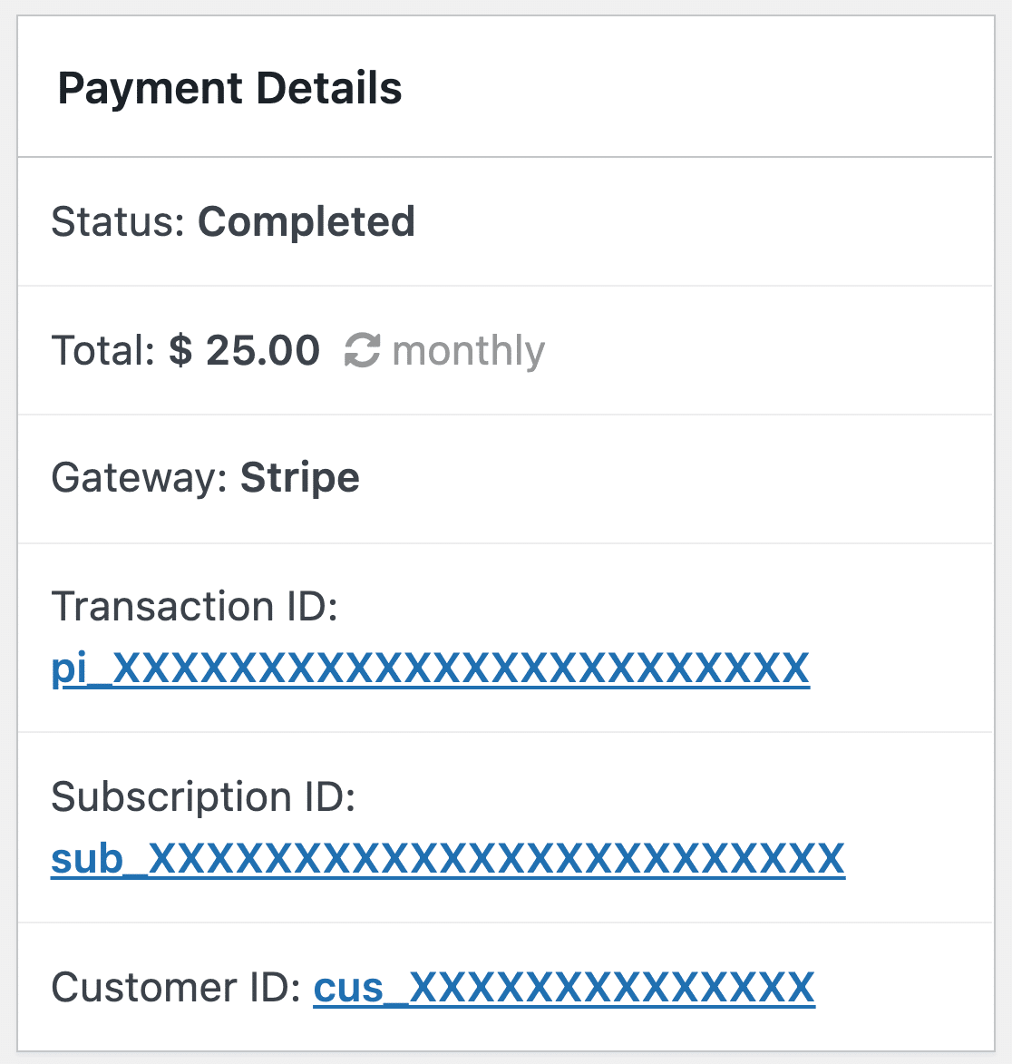 Entry payment details for a Stripe subscription payment