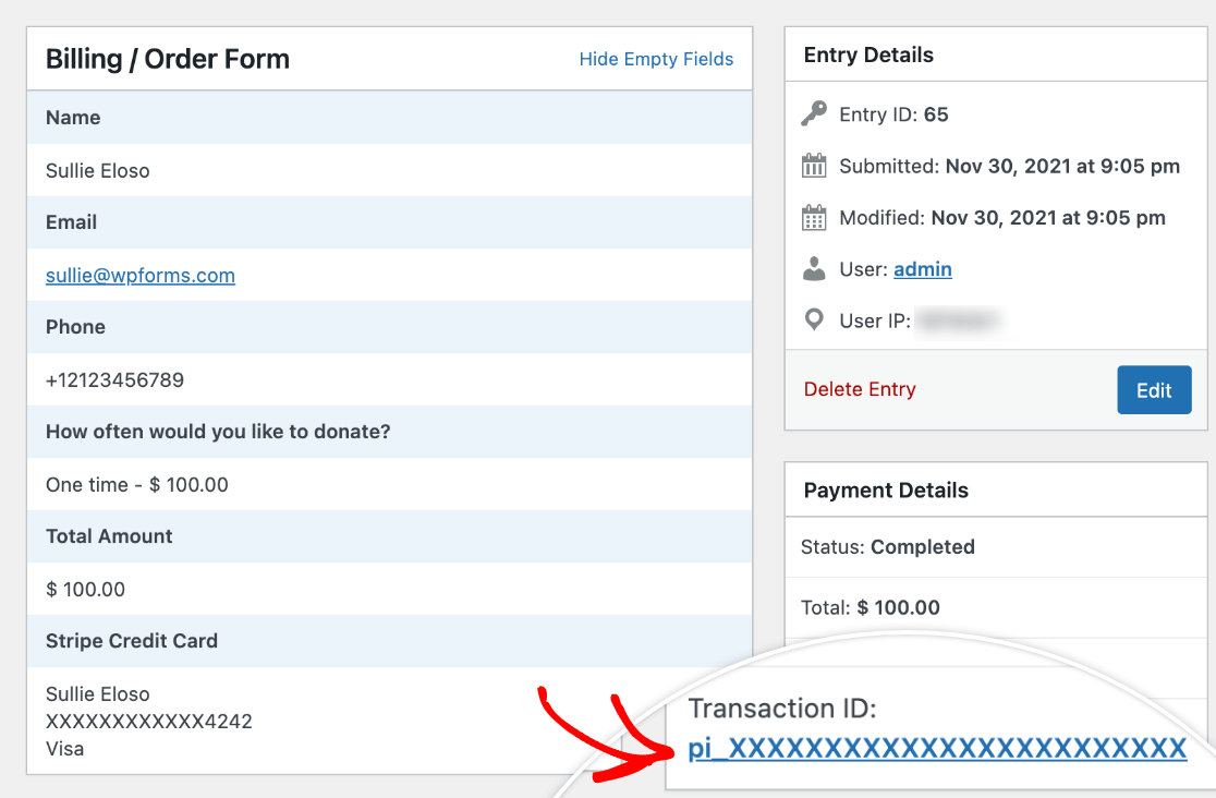 Viewing a Stripe transaction ID on an entry page