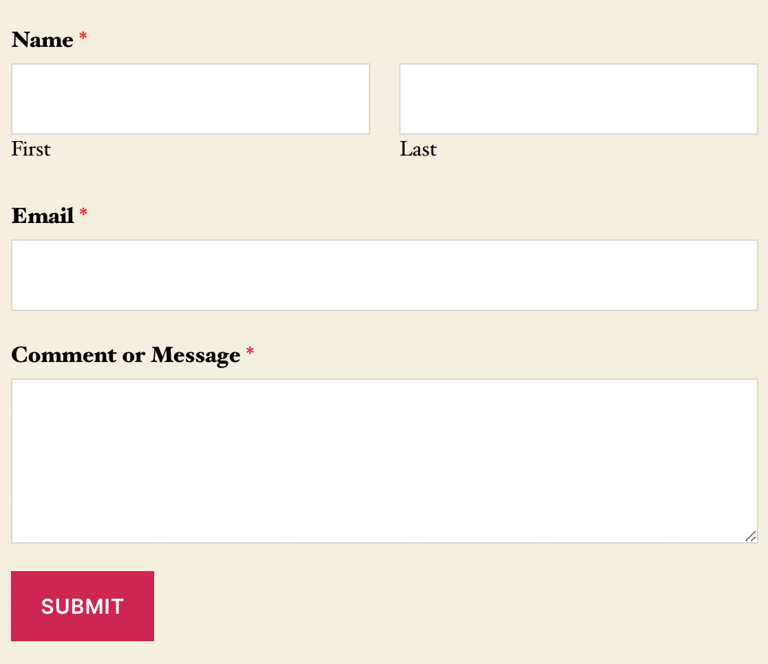 A form with base styling only applied with the Twenty Twenty theme
