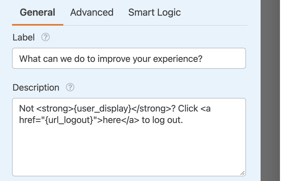 Adding the {url_logout} Smart Tag to a field description