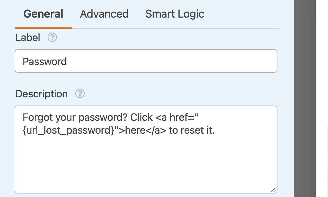 Adding the {url_lost_password} Smart Tag to a field description