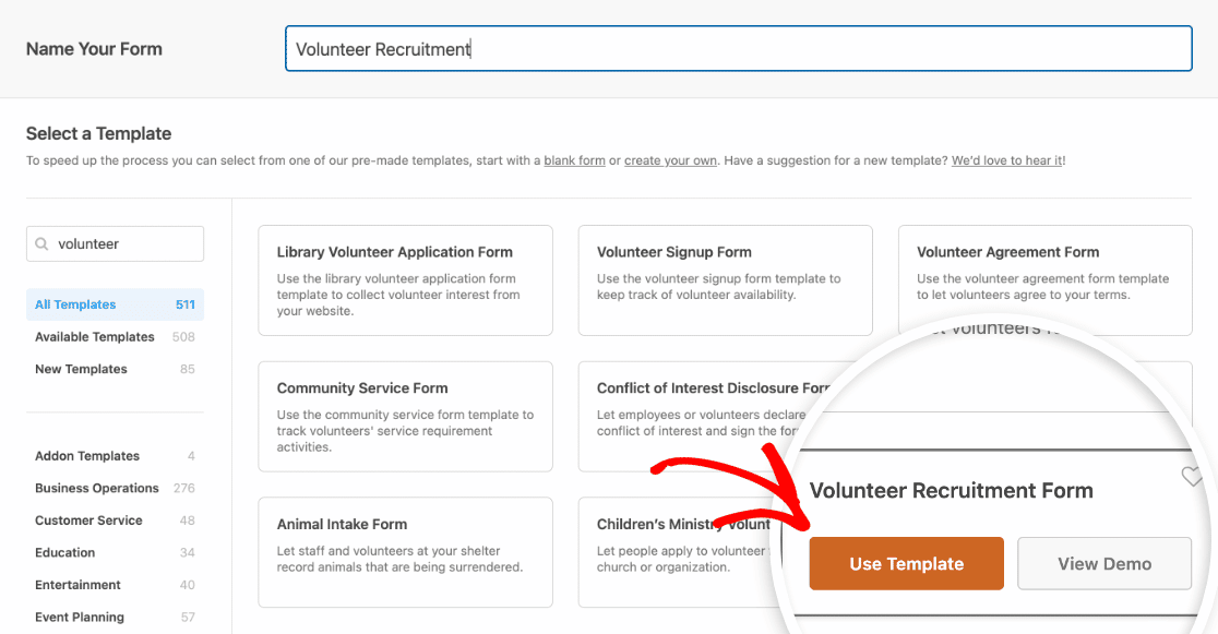 Choosing the Volunteer Recruitment Form template