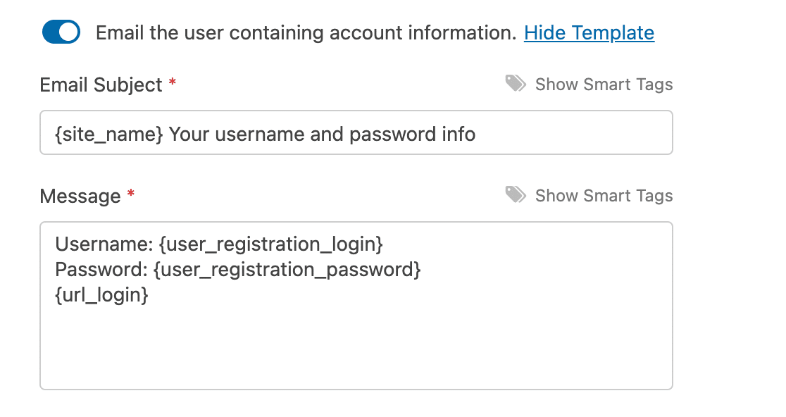 Editing the user registration account information email subject and message