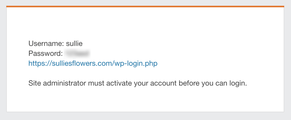 An example of a user registration account information email with manual activation enabled