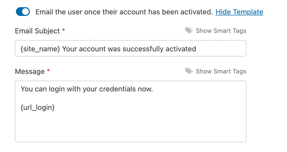 Editing the email subject and message for the user registration account activation confirmation email