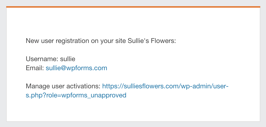 An example of an admin user registration email