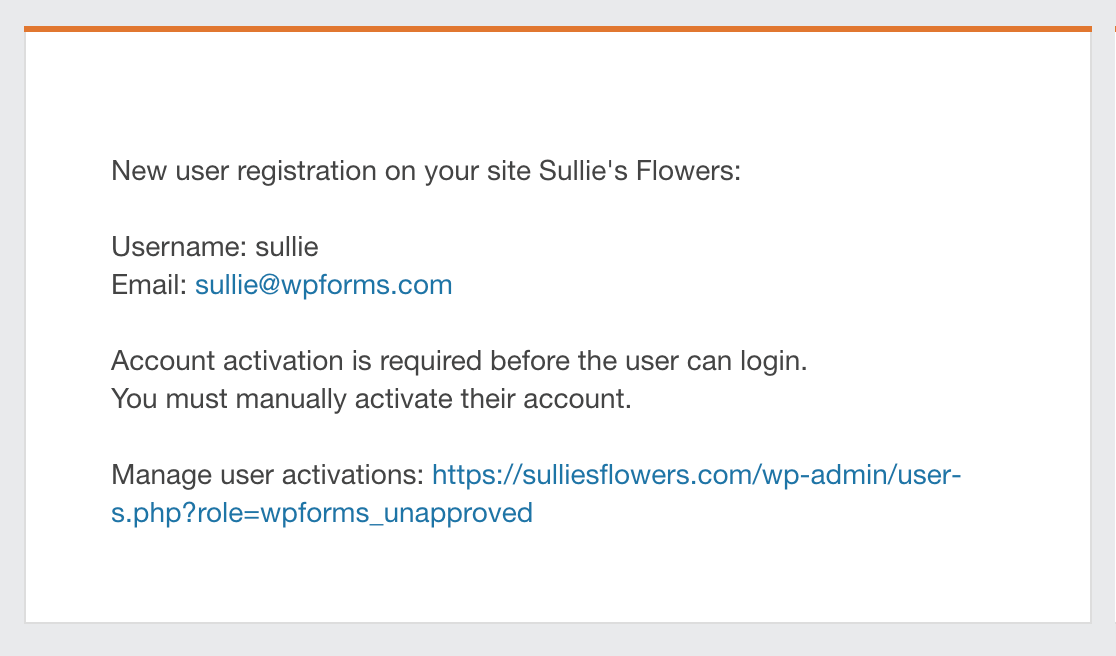 A user registration admin email with manual activation information