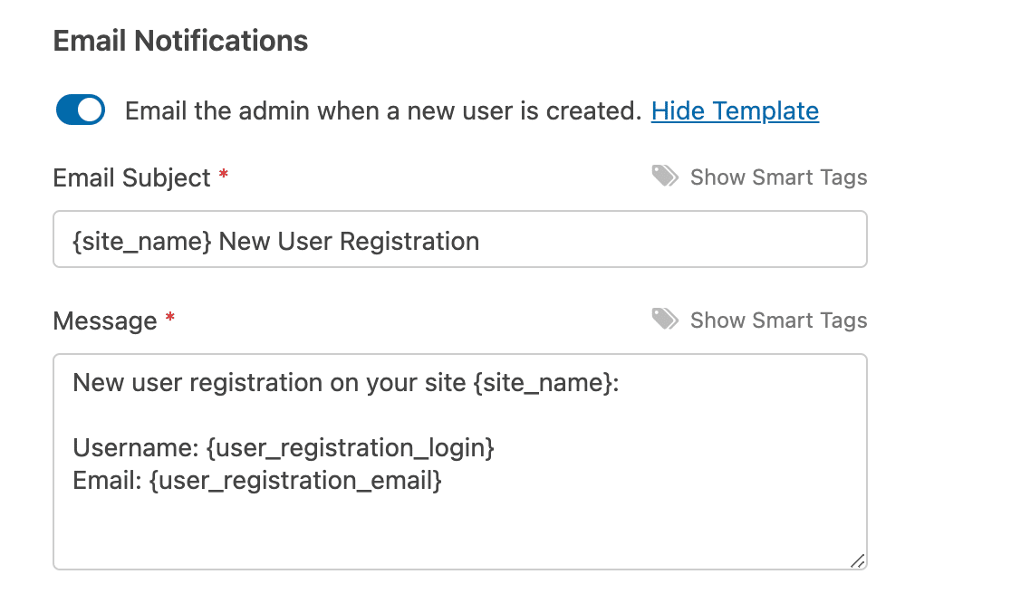 Editing the user registration admin email subject and message