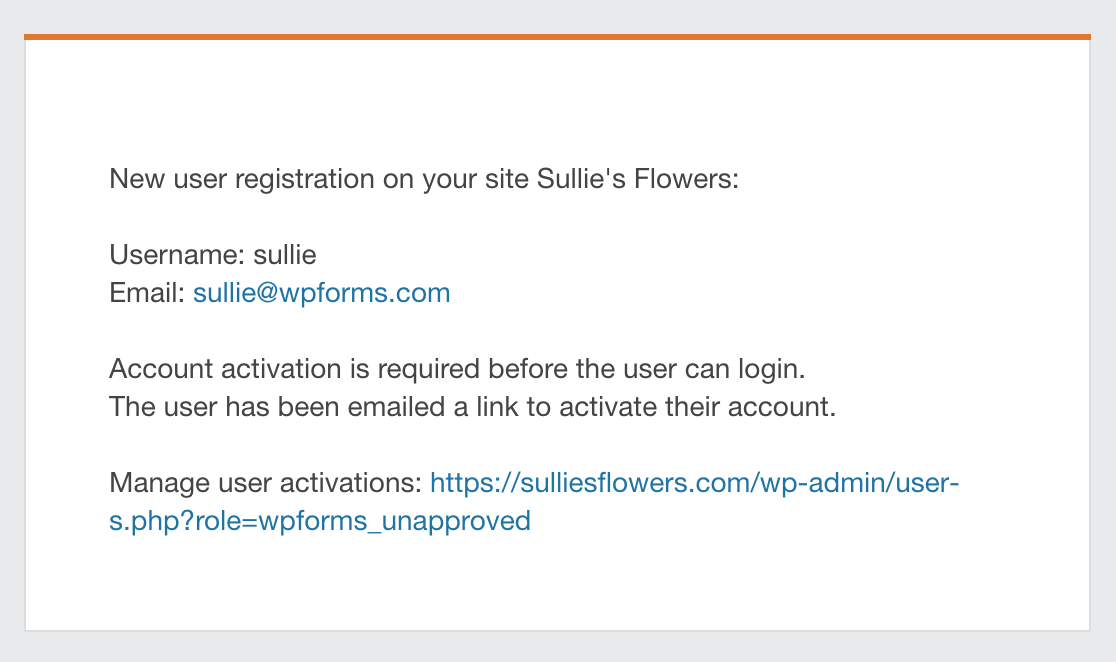 An admin user registration email with user registration activation information