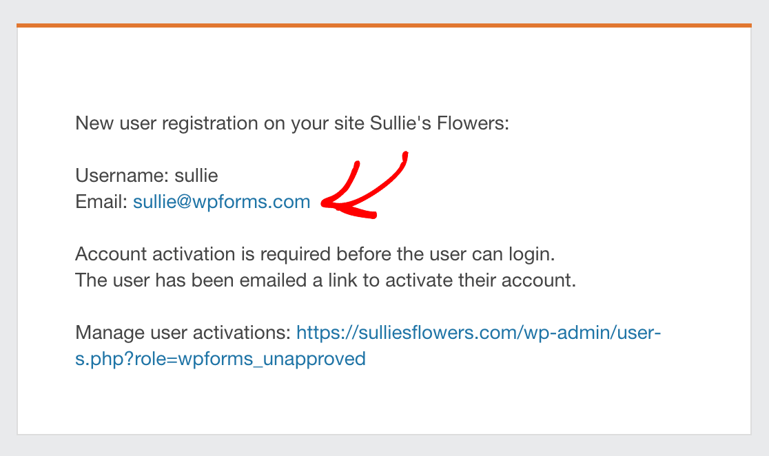 A user's email address inserted into an email using the {user_registration_email} Smart Tag