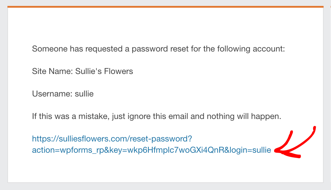 A password reset link inserted into an email using the {user_registration_password_reset} Smart Tag